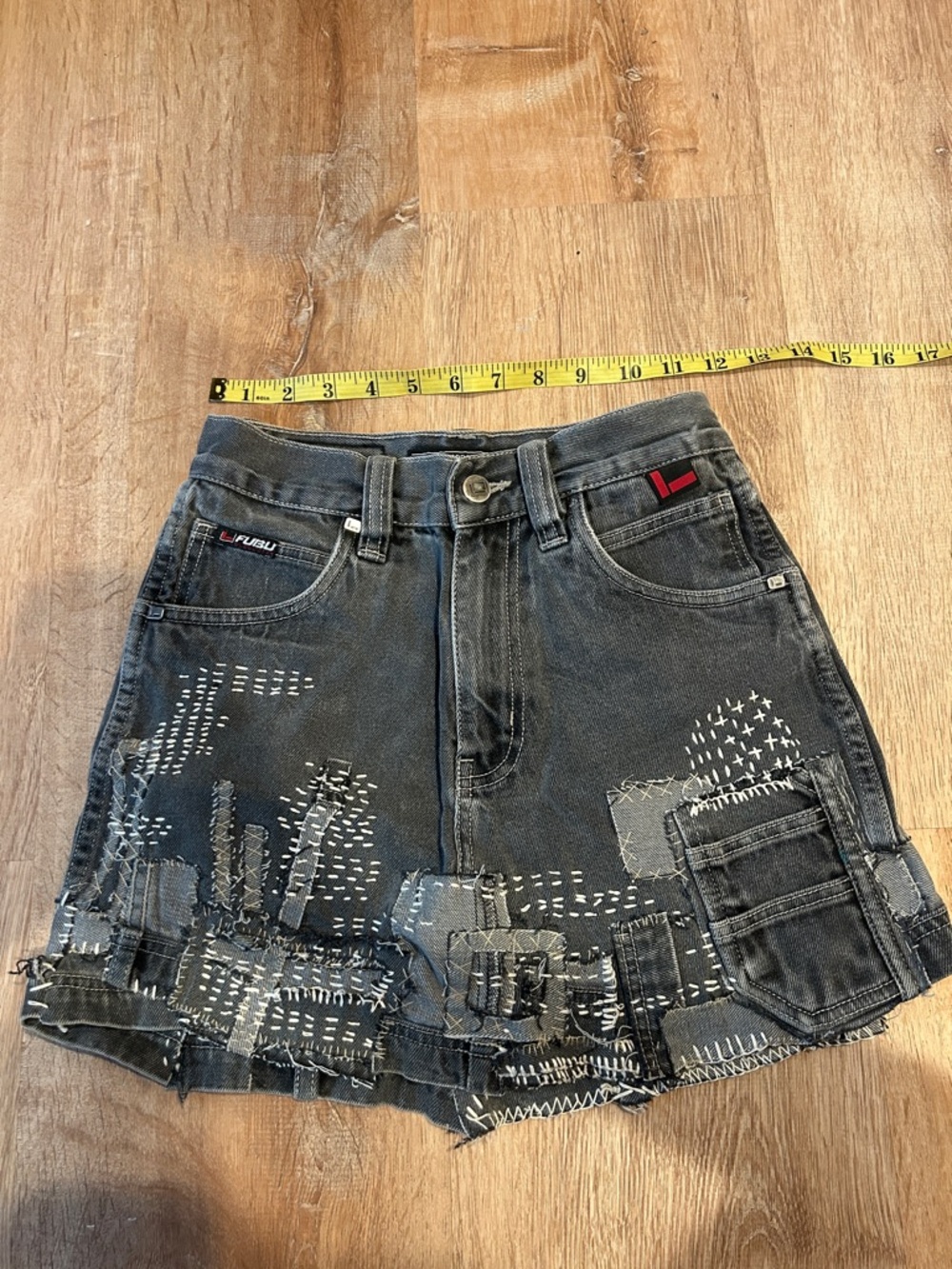 FUBU Black Washed Denim Mini Skirt with Contrast Stitching